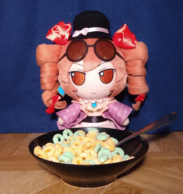 Joon Yorigami Fumofumo with a bowl of cereal